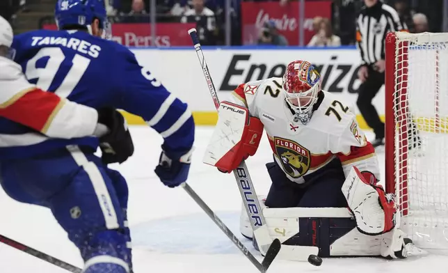 Florida Panthers goaltender Sergei Bobrovsky (72) makes a save against the Florida Panthers during second period NHL playoff hockey action in Toronto on Wednesday, May 7, 2025. (Frank Gunn/The Canadian Press via AP)
