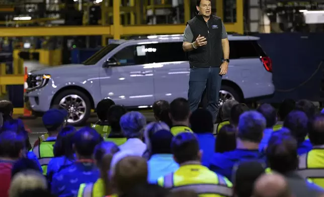Jim Farley, President and Chief Executive Officer of Ford, speaks at the Ford Motor Company Kentucky Truck Plant to launch the 2025 Ford Expedition, Wednesday, April 30, 2025, in Louisville, Ky. (AP Photo/Carolyn Kaster)