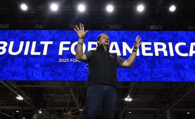 Jim Farley, President and Chief Executive Officer of Ford, speaks at the Ford Motor Company Kentucky Truck Plant to launch the 2025 Ford Expedition, Wednesday, April 30, 2025, in Louisville, Ky. (AP Photo/Carolyn Kaster)