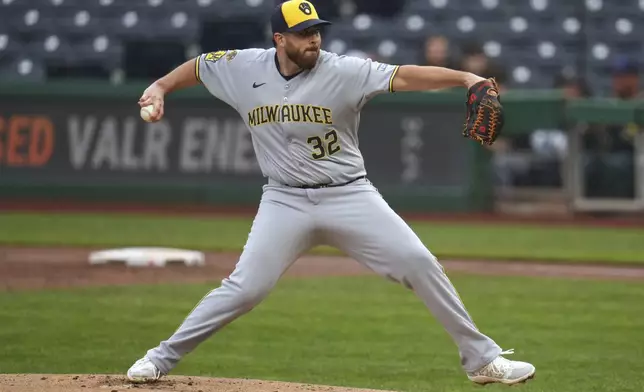 Milwaukee Brewers pitcher Aaron Civale delivers during the first inning of a baseball game against the Pittsburgh Pirates in Pittsburgh, Thursday, May 22, 2025. (AP Photo/Gene J. Puskar)