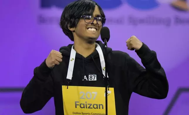 Faizan Zaki, 13, of Dallas, reacts as he wins the 2025 Scripps National Spelling Bee, Thursday, May 29, 2025, in Oxon Hill, Md. (AP Photo/Julia Demaree Nikhinson)