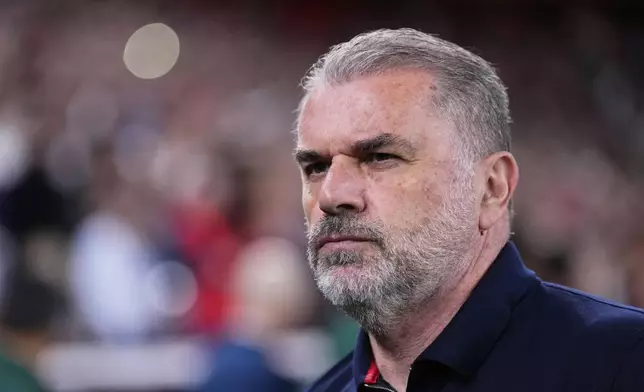 Tottenham's head coach Ange Postecoglou during the Europa League final soccer match between Tottenham Hotspur and Manchester United at the San Mames Stadium in Bilbao, Spain, Wednesday, May 21, 2025. (AP Photo/Manu Fernandez)