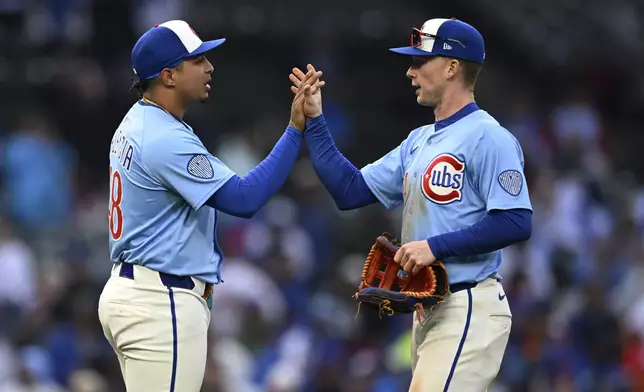 Chicago Cubs closing pitcher Daniel Palencia, left, celebrates with teammate Pete Crow-Armstrong, right, after defeating the Philadelphia Phillies in a baseball game Friday, April 25, 2025, in Chicago. (AP Photo/Paul Beaty)