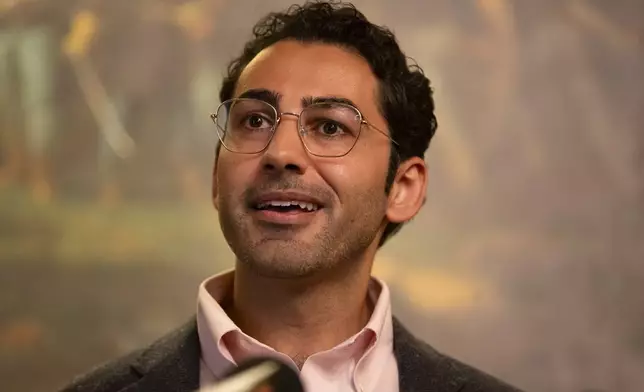 Mohsen Mahdawi speaks during a press conference announcing the launch of the Vermont Immigration Legal Defense Fund in the Cedar Creek Reception Room at the Vermont State House on Thursday, May 8, 2025, in Montpelier, Vt. (AP Photo/Alex Driehaus)