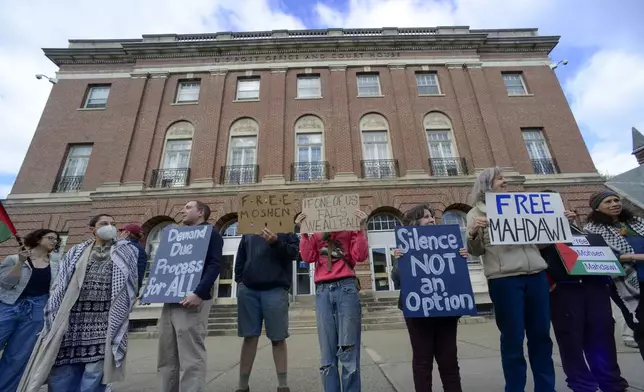 People gather outside the Post Office in Brattleboro, Vt., on Wednesday, April 30, 2025, to show support for Mohsen Mahdawi, who was scheduled to appear in U.S. District Court 11 in Burlington on Wednesday morning. (Kristopher Radder/The Brattleboro Reformer via AP) /The Brattleboro Reformer via AP)