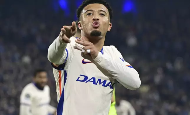 Chelsea's Jadon Sancho celebrates after scoring the opening goal during the Conference League semi-final first leg soccer match between Djurgardens IF and Chelsea FC in Stockholm, Sweden, Thursday, May 1, 2025. (Jonas Ekstroemer/TT News Agency via AP)