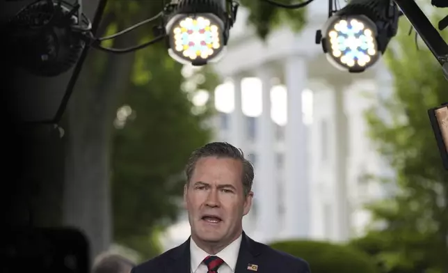 National Security Advisor Mike Waltz speaks during a television interview at the White House, Thursday, May 1, 2025, in Washington. (AP Photo/Alex Brandon)