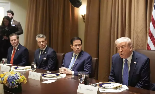 President Donald Trump speaks during a bilateral luncheon with Norwegian Prime Minister Jonas Gahr Støre in the Cabinet Room of the White House, Thursday, April 24, 2025, in Washington. With the President from left are National Security Advisor Mike Waltz, Secretary of Defense Pete Hegseth and Secretary of State Marco Rubio. (AP Photo/Mark Schiefelbein)