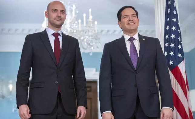 Secretary of State Marco Rubio, right, stands with French Foreign Minister Jean-Noel Barrot at the State Department, Thursday, May 1, 2025, in Washington. (AP Photo/Mark Schiefelbein)