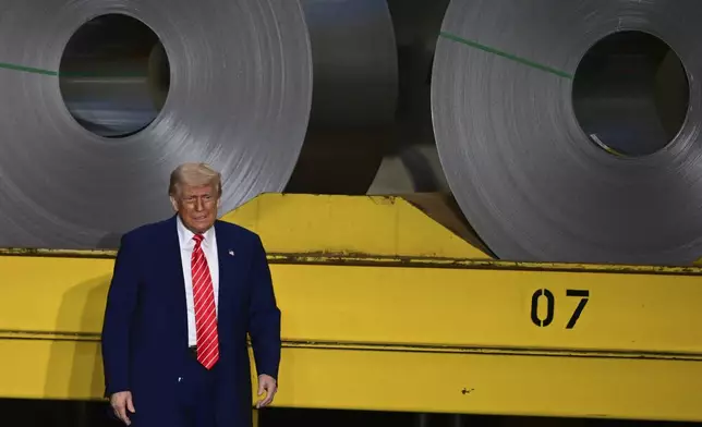 President Donald Trump arrives to speak at the U.S. Steel Mon Valley Works-Irvin Plant, Friday, May 30, 2025, in West Mifflin, Pa. (AP Photo/David Dermer)