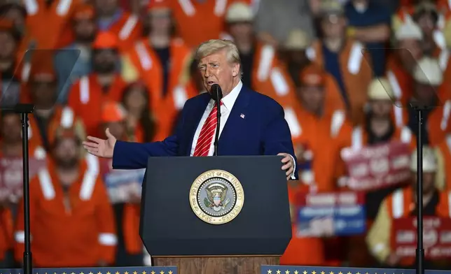 President Donald Trump speaks at the U.S. Steel Mon Valley Works-Irvin Plant, Friday, May 30, 2025, in West Mifflin, Pa. (AP Photo/David Dermer)