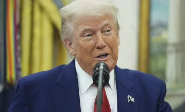 President Donald Trump speaks during a swearing in ceremony for interim U.S. Attorney General for the District of Columbia Jeanine Pirro, Wednesday, May 28, 2025, in The Oval Office of the White House in Washington. (AP Photo/Evan Vucci)