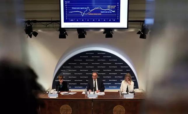 Bank of England Governor Andrew Bailey speaks, during the Monetary Policy Report press conference in London, Thursday, May 8, 2025. (Carlos Jasso/Pool Photo via AP)