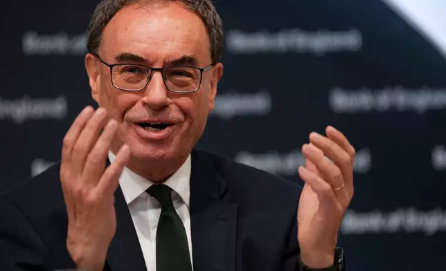 Bank of England Governor Andrew Bailey gestures, during the Monetary Policy Report press conference in London, Thursday, May 8, 2025. (Carlos Jasso/Pool Photo via AP)