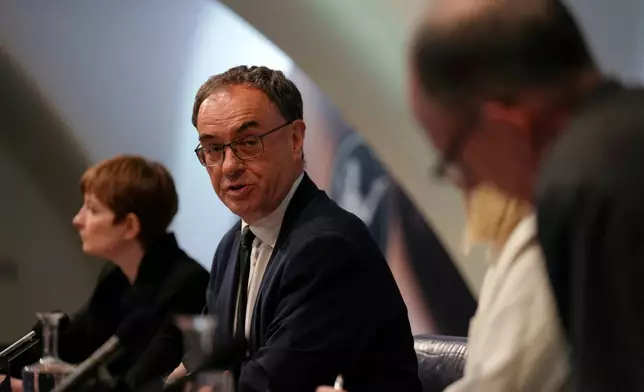 Bank of England Governor Andrew Bailey speaks, during the Monetary Policy Report press conference in London, Thursday, May 8, 2025. (Carlos Jasso/Pool Photo via AP)