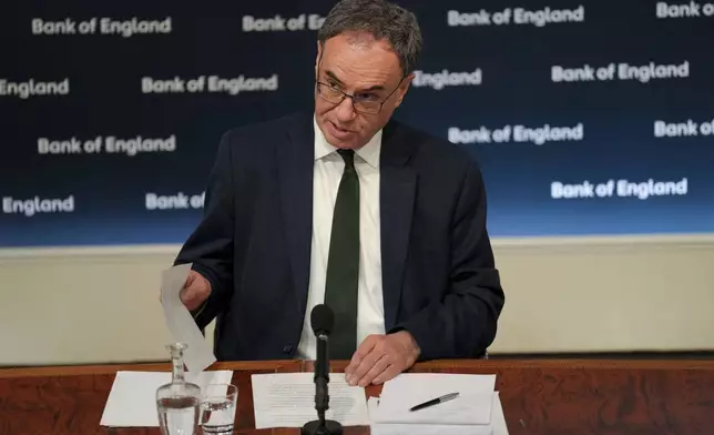 Bank of England Governor Andrew Bailey speaks, during the Monetary Policy Report press conference in London, Thursday, May 8, 2025. (Carlos Jasso/Pool Photo via AP)
