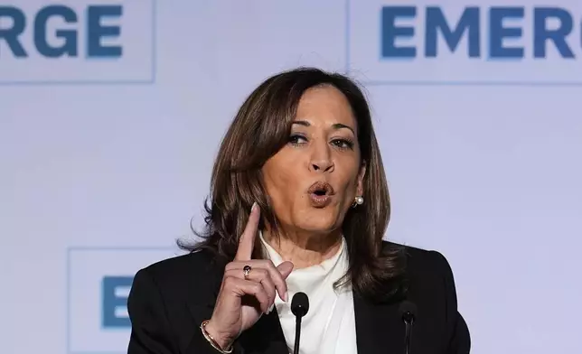 Former Vice President Kamala Harris delivers the keynote speech at the Emerge 20th Anniversary Gala in San Francisco, Wednesday, April 30, 2025. (AP Photo/Godofredo A. Vásquez)