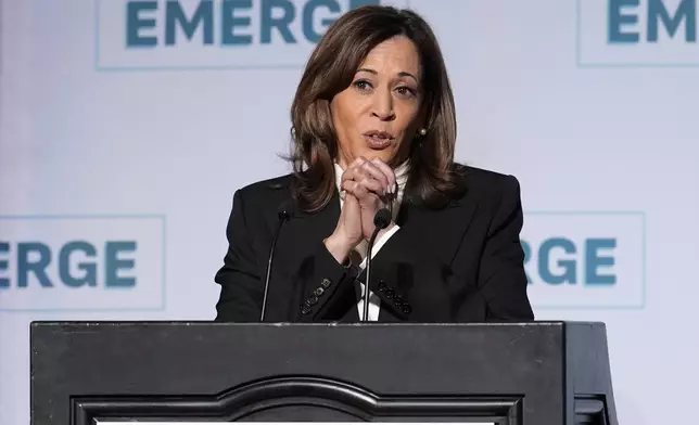 Former Vice President Kamala Harris delivers the keynote speech at the Emerge 20th Anniversary Gala in San Francisco, Wednesday, April 30, 2025. (AP Photo/Godofredo A. Vásquez)