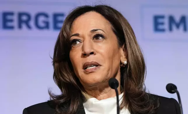 Former Vice President Kamala Harris delivers the keynote speech at the Emerge 20th Anniversary Gala in San Francisco, Wednesday, April 30, 2025. (AP Photo/Godofredo A. Vásquez)