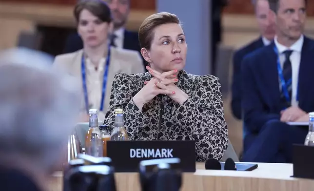 Denmark's Prime Minister Mette Frederiksen listens, during a meeting of the Joint Expeditionary Force (JEF) in Oslo, Friday, May 9, 2025. (Lise Åserud/NTB Scanpix via AP)