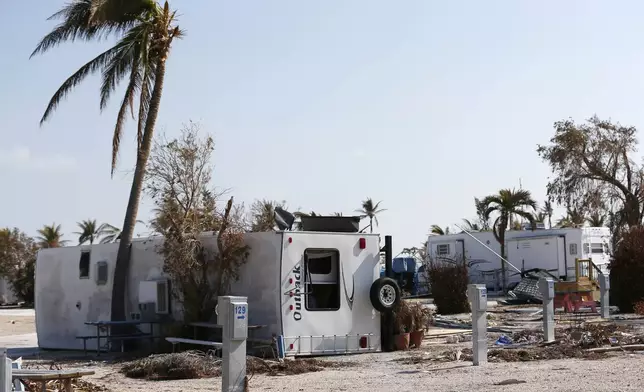 FILE - In this Thursday, Sept. 21, 2017, photo, the remains of damaged and overturned trailers sit at the Sunshine Key RV Resort and Marina, in Big Pine Key, Fla. Monroe County is asking mobile home park owners to allow FEMA to set up temporary housing on their properties. (AP Photo/Wilfredo Lee, File)