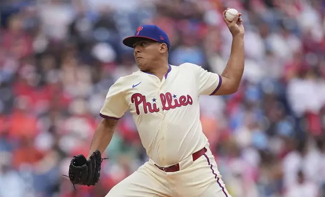Philadelphia Phillies' Ranger Suarez pitches during the second inning of a baseball game against the Arizona Diamondbacks, Sunday, May 4, 2025, in Philadelphia. (AP Photo/Matt Rourke)