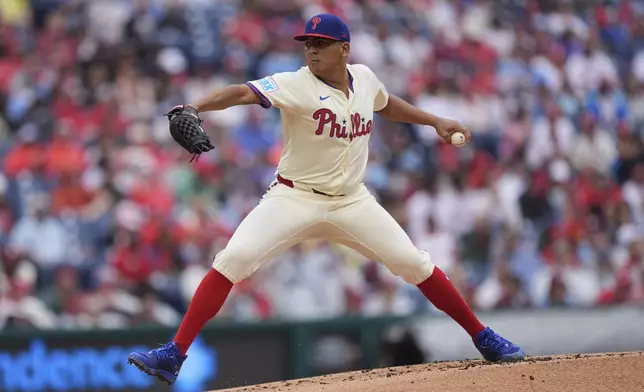 Philadelphia Phillies' Ranger Suarez pitches during the second inning of a baseball game against the Arizona Diamondbacks, Sunday, May 4, 2025, in Philadelphia. (AP Photo/Matt Rourke)