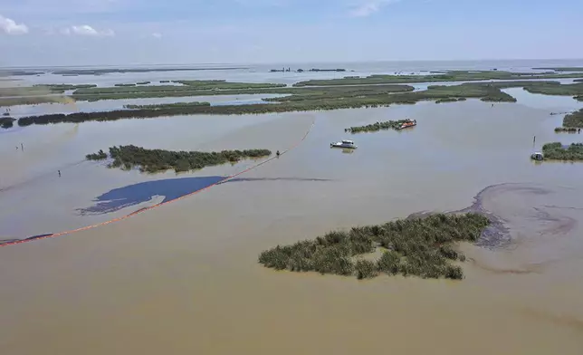 An aerial view shows the affected area of marsh environment near Garden Island Bay, Louisiana on April 27, 2025. (U.S. Coast Guard via AP)