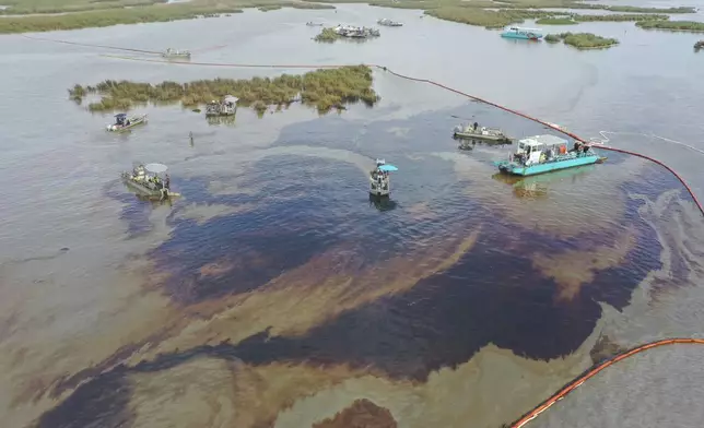 An aerial view shows the affected area of marsh environment near Garden Island Bay, La., on May 1, 2025. (U.S. Coast Guard via AP)