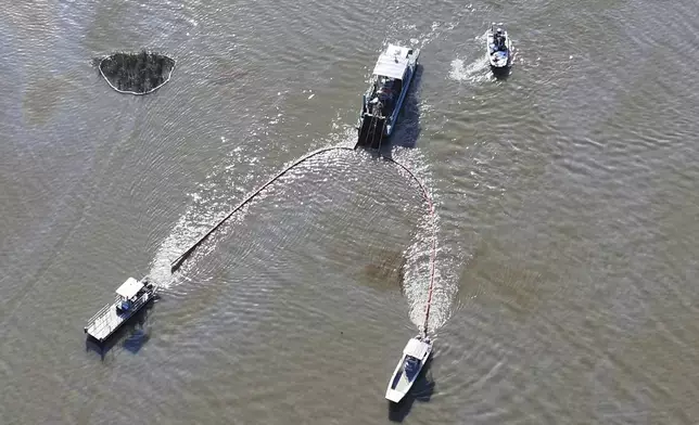 An aeril view shows the affected area of marsh environment near Garden Island Bay, La., on May 1, 2025. (U.S. Coast Guard via AP)