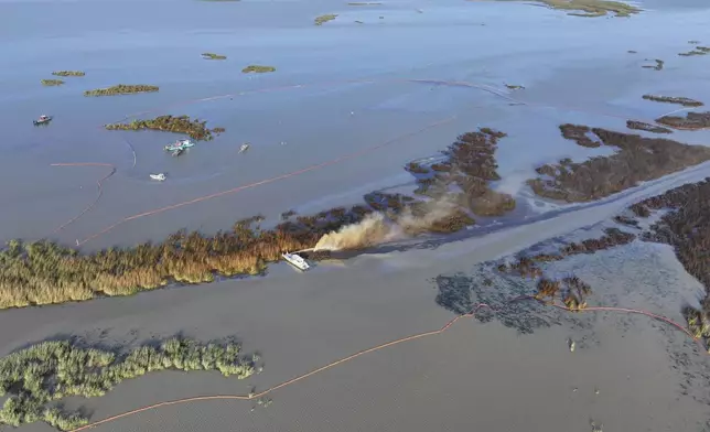 An aerial view shows the affected area of marsh environment near Garden Island Bay, La., on May 1, 2025. (U.S. Coast Guard via AP)
