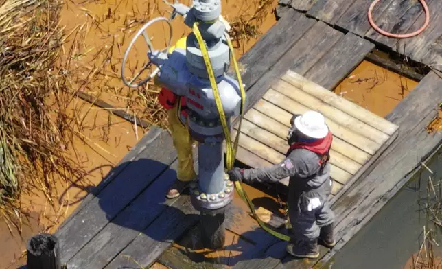 An aerial view shows the source of the discharge near Garden Island Bay, La.,, on May 4, 2025. (U.S. Coast Guard via AP)