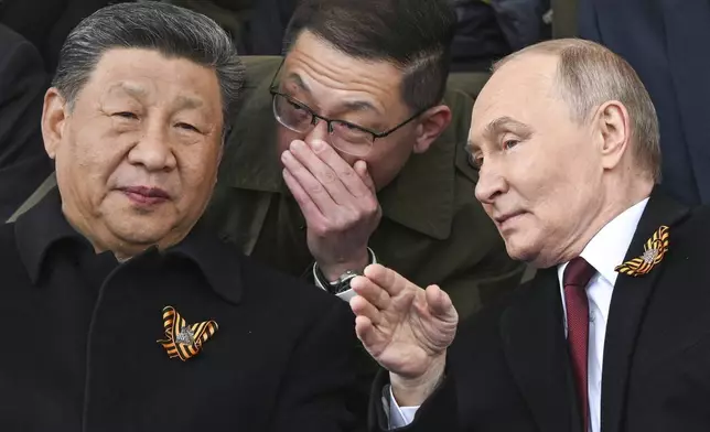 Russian President Vladimir Putin, right, and Chinese President Xi Jinping, left, talk as they watch the Victory Day military parade in Moscow, Russia, Friday, May 9, 2025, during celebrations of the 80th anniversary of the Soviet Union's victory over Nazi Germany during the World War II. (Sergei Bobylev/Photo host agency RIA Novosti via AP)
