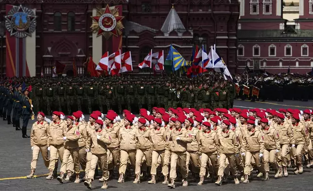 Cadets attend the Victory Day military parade in Moscow, Russia, Friday, May 9, 2025, during celebrations of the 80th anniversary of the Soviet Union's victory over Nazi Germany during the World War II. (AP Photo/Alexander Zemlianichenko)