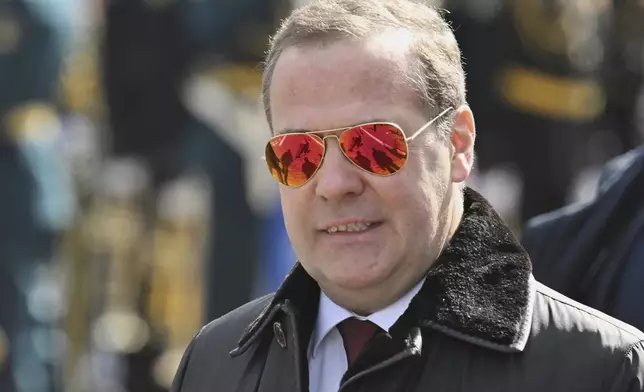 Russian Security Council Deputy Chairman and the head of the United Russia party Dmitry Medvedev attends the Victory Day military parade in Moscow, Russia, Friday, May 9, 2025, during celebrations of the 80th anniversary of the Soviet Union's victory over Nazi Germany during the World War II. (Ilya Pitalev/Photo host agency RIA Novosti via AP)