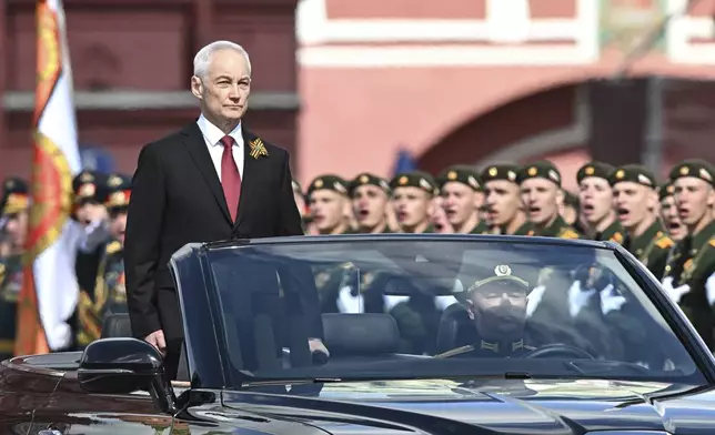 Russian Defense Minister Andrei Belousov is driven along Red Square in an Aurus car during the Victory Day military parade in Moscow, Russia, Friday, May 9, 2025, marking the 80th anniversary of the Soviet Union's victory over Nazi Germany during the World War II. (Sergei Bobylev/Photo host agency RIA Novosti via AP)