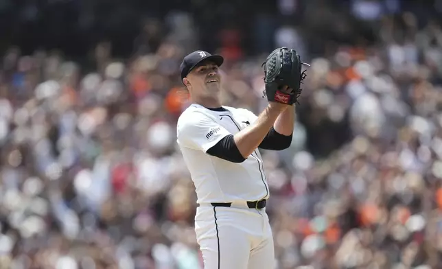 Detroit Tigers pitcher Tarik Skubal reacts after the final out against the Cleveland Guardians in the ninth inning during a baseball game, Sunday, May 25, 2025, in Detroit. (AP Photo/Paul Sancya)