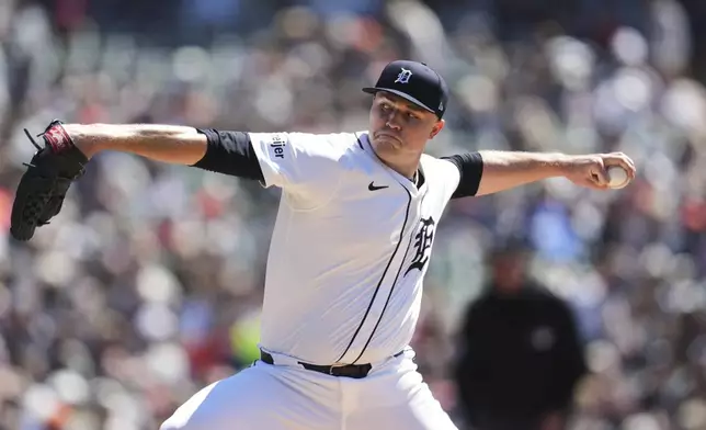 Detroit Tigers pitcher Tarik Skubal throws against the Cleveland Guardians in the first inning during a baseball game, Sunday, May 25, 2025, in Detroit. (AP Photo/Paul Sancya)