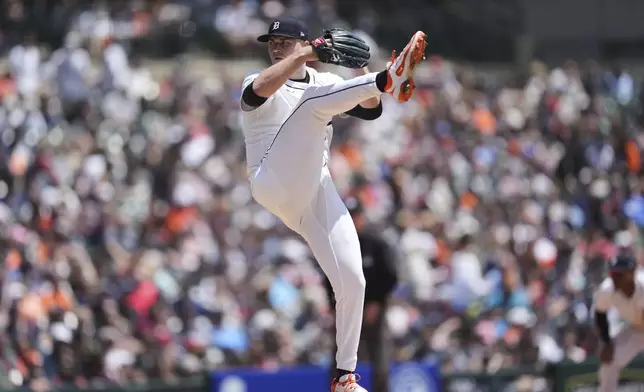 Detroit Tigers pitcher Tarik Skubal throws against the Cleveland Guardians in the seventh inning during a baseball game, Sunday, May 25, 2025, in Detroit. (AP Photo/Paul Sancya)