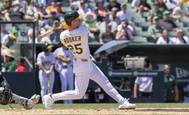 Athletics' Brent Rooker (25) hits a two-run home run during the third inning of a baseball game against the New York Yankees, Saturday, May 10, 2025, in West Sacramento, Calif. (AP Photo/Sara Nevis)