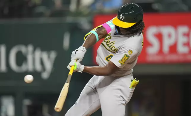 Oakland Athletics' Lawrence Butler connects for a single against the Texas Rangers for during the third inning of a baseball game Wednesday, April 30, 2025, in Arlington, TX. (AP Photo/Julio Cortez)