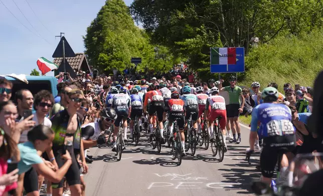 The pack rides during the 18th stage of the Giro d'Italia from Morbegno to Cesano Maderno, Italy, Thursday May 29, 2025. (Fabio Ferrari/LaPresse via AP)