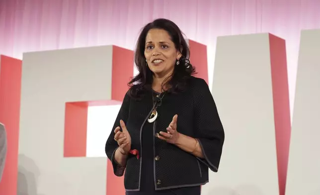 Mona Sinha with Equality Now, speaks after receiving The Elevate Prize Founder's Award during The Elevate Prize Foundation's Make Good Famous Summit, Tuesday, May 13, 2025, in Miami Beach, Fla. (AP Photo/Marta Lavandier)