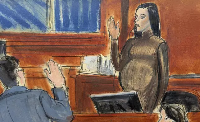 Cassie Ventura takes an oath before testifying in Manhattan federal court, Tuesday, May 13, 2025, in New York. (Elizabeth Williams via AP)