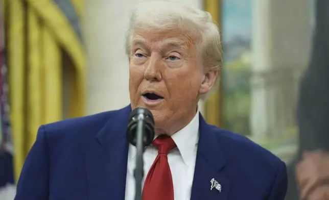 President Donald Trump speaks during a swearing in ceremony for interim U.S. Attorney General for the District of Columbia Jeanine Pirro, Wednesday, May 28, 2025, in the Oval Office of the White House in Washington. (AP Photo/Evan Vucci)