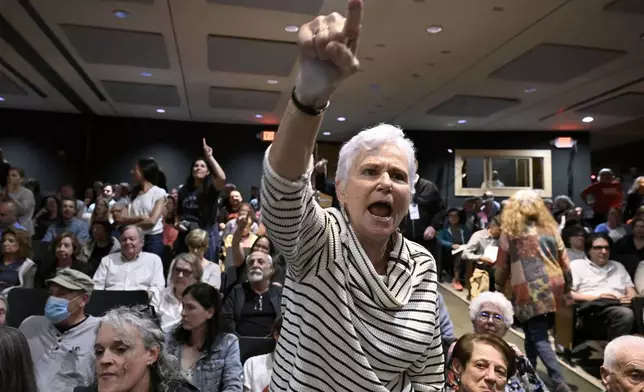 An audience member yells at U.S. Rep. Mike Lawler, R-N.Y., during a town hall, Sunday, May 4, 2025, in Somers, N.Y. (AP Photo/Jessica Hill)