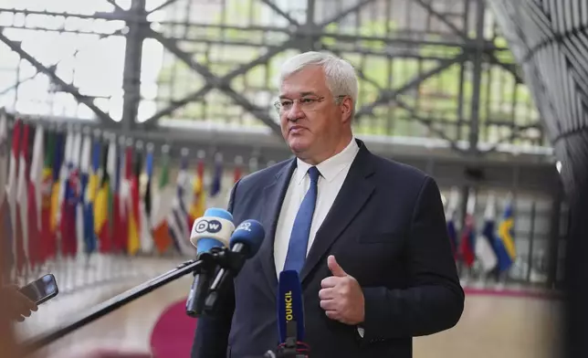 Ukraine's Foreign Minister Andrii Sybiha arrives for a meeting of EU foreign ministers at the European Council building in Brussels, Belgium, Tuesday, May 20, 2025. (AP Photo/Virginia Mayo, Pool)