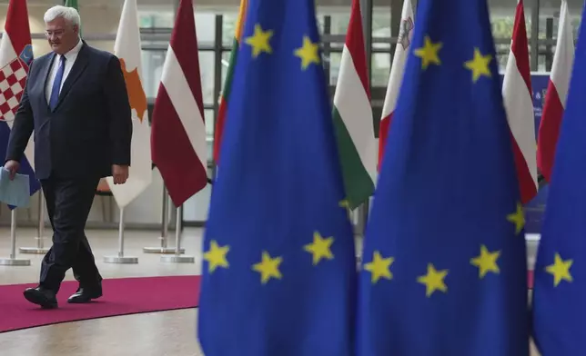 Ukraine's Foreign Minister Andrii Sybiha arrives for a meeting of EU foreign ministers at the European Council building in Brussels, Belgium, Tuesday, May 20, 2025. (AP Photo/Virginia Mayo, Pool)