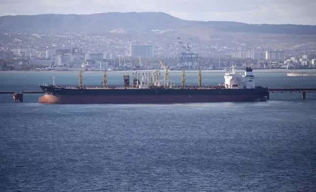 FILE - An oil tanker is moored at the Sheskharis complex, part of Chernomortransneft JSC, a subsidiary of Transneft PJSC, in Novorossiysk, Russia, on Oct. 11, 2022. (AP Photo, File)