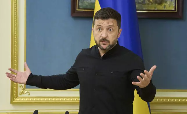 Ukrainian President Volodymyr Zelenskyy speaks during a briefing in Kyiv, Ukraine, Monday, May 19, 2025. (AP Photo/Efrem Lukatsky)